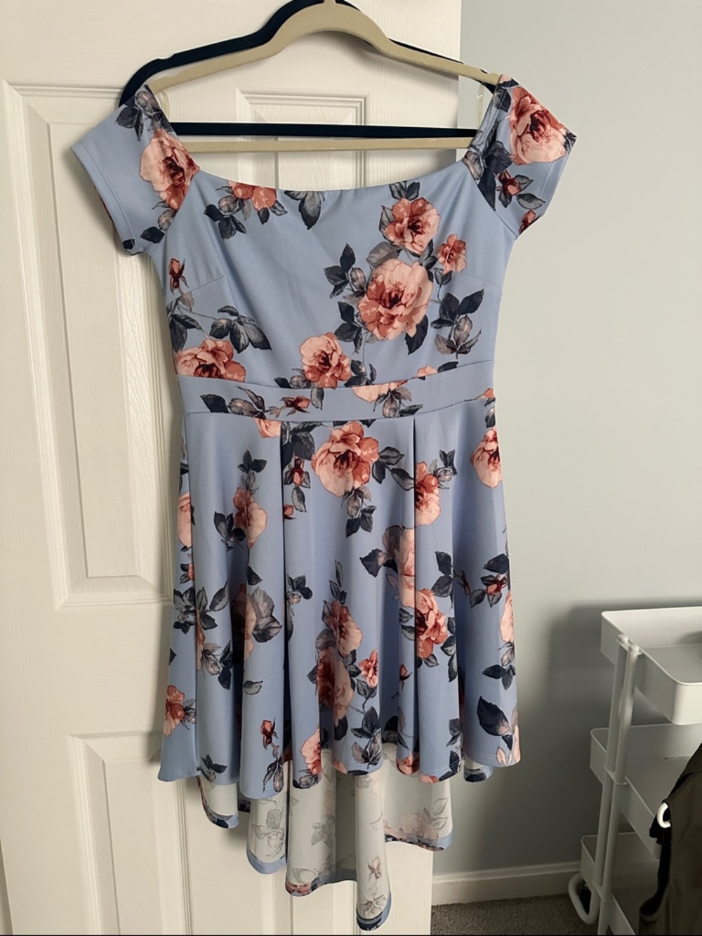 Fashion Nova Light Blue Floral Off-Shoulder Skater Dress